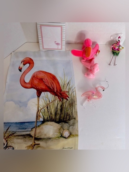 Ty, Squirrel Production, Hobby Lobby Other - FLAMINGO 🦩 BUNDLE, FLAG, NOTEPAD, PLUSH BEANIE & 2 ORNAMENTS